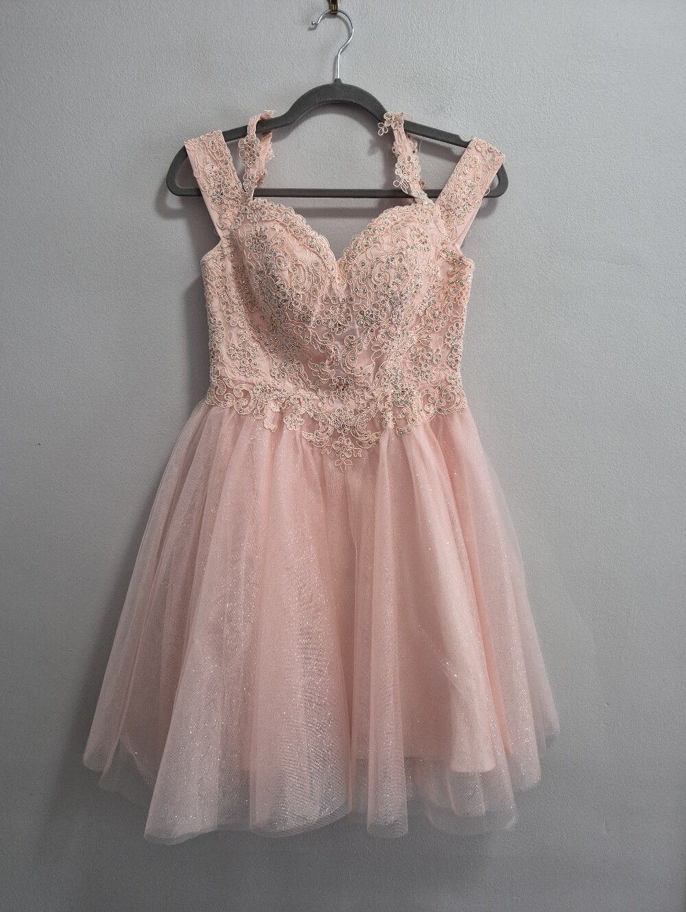 LaDivine CD0132 Short Lace Off Shoulder Homecoming Dress in Blush Size XS